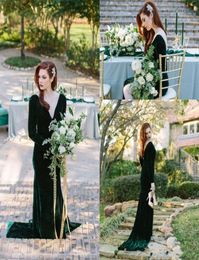 Custom Emerald Green Velvet Evening Dresses Long Sleeve Deep V Neck Backless Long Mermaid Party Gowns Plus Size Prom Dresses2082785