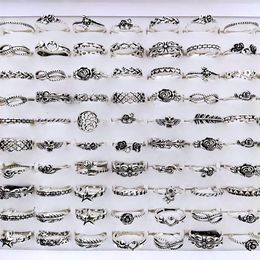 Band Bulk lots 100pcs Antique Silver Plated Multi styles for Women Vintage Ladies Flower Fashion Finger Retro Jewelry 221125264g