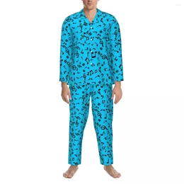 Men's Sleepwear Music Notes Pyjama Set Autumn Blue And Black Trendy Daily Women 2 Piece Casual Oversized Graphic Home Suit Gift