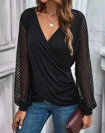 Women's T Shirts Fashion Women Blouse Spring Black Top Sexy Deep V-Neck Contrast Lace Overlap Temperament Commuter Long Sleeve Blouses