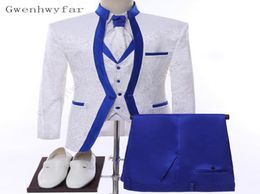 Gwenhwyfar White Royal Blue Rim Stage Clothing For Men Suit Set Mens Wedding Suits Costume Groom Tuxedo Formal Jacketpantsvest6011996