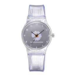 Small Daisy Jelly Watch Students Girls Cute Cartoon Chrysanthemum Silicone Watches Transparent Band Grey Dial Wristwatches311q