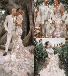 Champagne Mermaid Wedding Dresses Lace 3D Floral Appliqued Hollow Back Half Long Sleeves Boho Dress Beach Plus Size Bridal Gowns C9491115