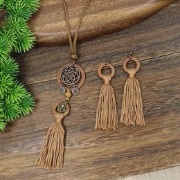 Necklace Earrings Set Retro Hollow Dream Catcher Pendant Women's Handmade Wooden Round Cotton Tassel Necklaces Boho Jewelry