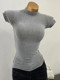 Half high Collar T shirt korean Transparent Short sleeved Slim fit Elastic Solid Inner Bottoming Shirt Sexy Big Chest 231228