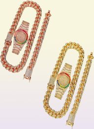 Chains Necklace Watch Bracelet Miami Cuban Link Chain Big Gold Iced Out Rhinestone Bling Cubana Mens Hip Hop Jewelry 9726718