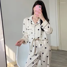 Women's Sleepwear 2pcs Pajamas Sateen Polka Dot Lapel Single-breasted Cardigan Top Casual Trousers Home Wear Pajama For Women