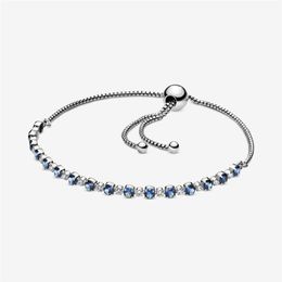 Blue and Clear Sparkle Slider Link Bracelet 100% 925 Sterling Silver Adjustable Cubic Zirconia Chain for Women Fashion Wedding Eng2720