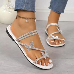 Slippers Temperament Butterfly Women's Summer Rhinestone Flat Shoes For Women Outdoor Square Heel Pearl Sandals