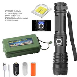 P50 rechargeable new cross border retractable aluminum alloy flashlight XHP50 strong light flashlight power display USB ZZ