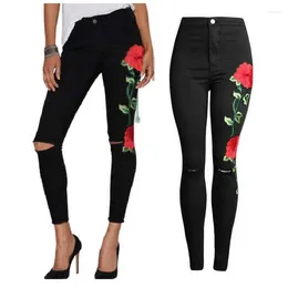 Women's Jeans Embroidered Pants 3D Embroidery Roses High Waisted Black Leggings Pencil