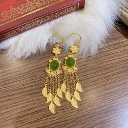 Dangle Earrings Natural Hetian Jade Green S925 Sterling Silver High-Grade Elegant And Ethnic Style Long Eardrops Show Face Slimming Ear