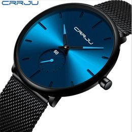 Thin Blue Dial CRRJU Brand Elegant Mens Watch Simple Design Students Watches Stainless Steel Mesh Belt Man Wristwatches277C