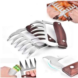 Kitchen Tools Stainless Steel Claw Wooden Handle Meat Divided Tearing Flesh Multifunction Meats Shred Pork Clamp BBQ Tool Garra De Acero Inoxidable
