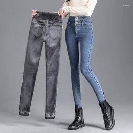 Women's Jeans 2023 Winter Old Cold Leg Thick Wool High Waist And Warm Tight Elastic Button Pencil Pants Casual