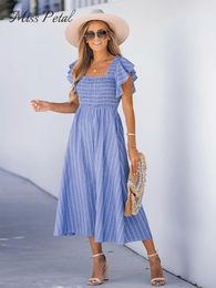 Casual Dresses Striped Smocked Midi Dress For Women Sexy Square Neck Ruffle Short Sleeve Holiday Beach A-line 2023 Summer Female Sundress