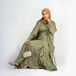 Ethnic Clothing 3 Pieces Muslim Sets Eid Satin Abayas For Women Dubai Hijab Dress Open Abaya Kimono Islamic Modest Outfits Wrap Front Maxi
