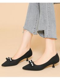 Dress Shoes Pointed Shallow Mouth Casual Oversized Women's Slim Heel Solid Color Fashionable Bow Women High Heels Flying Weaving Shoe