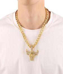 Pendant Necklaces Fashion Cuba Men Hip Hop Full Rhinestone Bull Head Necklace Sparkling Out Gold Punk For Boyfriend Gift4310753