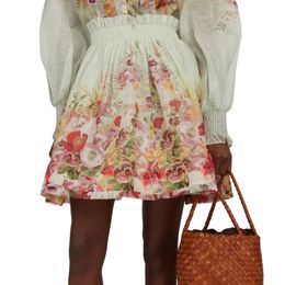 12.28 Holiday Temperament Silk Linen Floral Print Ruffle Ruched Tassel Hem Mini Skirt Women