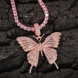 Iced Out Pink Butterflys Pendant Necklace with 24inch Tennis Necklaces Zirconia Jewelry235K