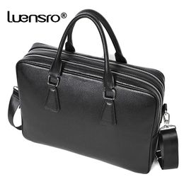 Briefcases Double Zipper Briefcase Men Bag Genuine Leather Shoulder Bag 14 Inch Laptop Bags Large Capacity Handbag Business Men's Briefcase