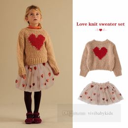 Valentine's Day children clothes sets girls love heart knitted sweater pullover sequins lace tulle skirt 2pcs kids princess outfits Z6376