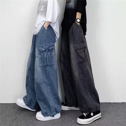 Autumn Harajuku Fashion Retro High Street Hip Hop Trousers Straight Wide Leg Pants Casual Big Pockets Baggy Jeans for Men 231228