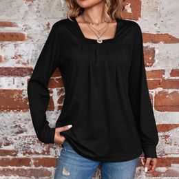 Women's Blouses Square Collar Solid Pleated Shirt Spring Long-Sleeved Shirts For Womens Casual Top Thin Female Loose Pullover Tops