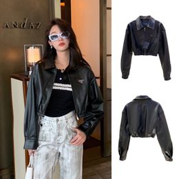 2024 Spring Design Casual Versatile Retro Polo Collar High Waist Short Black Motorcycle Wear Jacket Coat