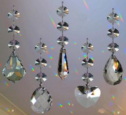 5pcs Crystal Chandelier Lamp Prisms Part Hanging Glass Teardrop Pendants with Octagon Beads Silver Jump Rings Connector6063003