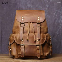 Backpack JLFGPJ Drawstring Large Capacity Crazy Horse Leather Travel Bag For Men's Genuine Fashionable Retro Laptop