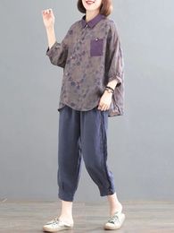 2 Piece Set Casual Pant Suits Arrival 2023 Summer Vintage Style Cotton Linen Female Shirt And Harem Pants D526 231227