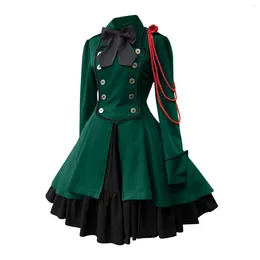 Casual Dresses Plus Size 5XL Gothic Lolita Party Women Elegant Bow Collar Pleated Lace Up Ruffles Dress Mediaeval Retro Princess A Line