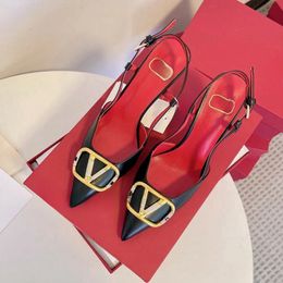 Sandals for Women High Heel Pointed Shoes Metal V-buckle Black Matte Genuine Leather 4cm 6cm 8cm 10cm Thin Heels Red Wedding Shoes size 34-44