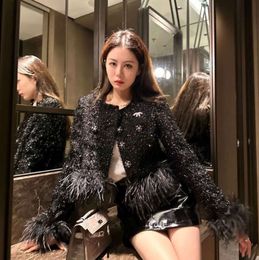 Light luxury fashion heavy industry down knitwear socialite short suit female ostrich hair style top coat 5621