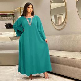 Ethnic Clothing Elegant Women's Party Dresses 2023 V-Neck Diamonds Long Sleeve Abaya Femme Musulman Robe Kaftan Jalabiyat Ramadan