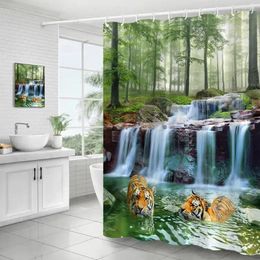 Shower Curtains Forest Landscape Waterfall Wild Tiger Spring Nature Scenery Polyester Fabric Bathroom Curtain Decor With Hooks