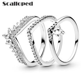 SCALLOPED Fashion Princess Crown Rings Women Classic Clear CZ Female Temperament Statement Wedding Jewellery Drop P0818289L