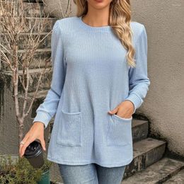 Women's T Shirts 2023Midi Knitwear Round Neck Pit Strip Solid Colour Pocket Caftan Women Sweater Long Sleeve Top Fashion Casual Loose Wear