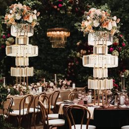 Luxury Gold Wedding Vase Centerpiece Acrylic Flower Stand with Hanging Acrylic, 5 Tier Round Chandelier Base for Wedding