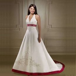 Classic Embroidery A Line Wedding Dresses White And Dark Red Long Satin Bridal Gowns Halter V-Neck Beaded Empire Waist Women Formal Dress 2024