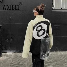WXIBEI 2023 Vintage Lamb Fur Coat Women Autumn Winter Warm Double Sided Fleece Outwear Black 8 Billiards Print Jacket 1A037 231228