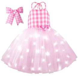 Girls luminescence barbie princess dresses Ball Gown kids plaid plaid splicing lace tulle dress children cosplay party clothes Z6358