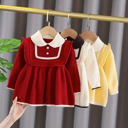 Winter Fashion Children's Knitted Dress Girls Princess Style Doll Collar Long-sleeved Sweater Dress Kids Toddler Party Clothing 231228