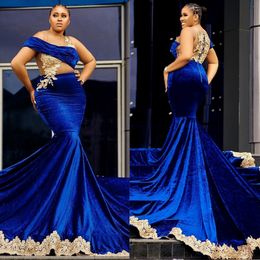 Royal Blue Velvet Aso Ebi Prom Dresses Sheer Neck Mermaid Appliqued Lace Evening Formal Dress for Specail Occasions Birthday Party Gowns Second Reception Gown ST716