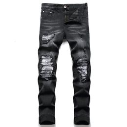 Men Paisley Bandana Print Patch Jeans Streetwear Patchwork Holes Ripped Stretch Denim Pants Slim Straight Biker Trousers 231227