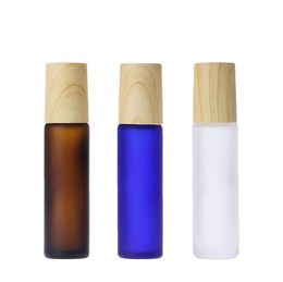 10ml Amber Blue Clear Frosted Glass Roll On Bottle Essential Oil Perfume Bottle Travel Dispenser Bottle Steel Roller Ball Wood Grain Cap SN6314