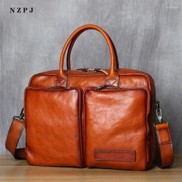 Briefcases Retro Leather Men's Briefcase Top Layer Handbag Casual Shoulder Messenger Bag Business Laptop Trendy NZPJ