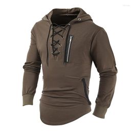 Men's Hoodies Vintage Zip-up Pockets Design Mens Spring Long Sleeve Drawstring Tie-up Hooded Sweatshirts Men Casual Pure Color Hoodie
